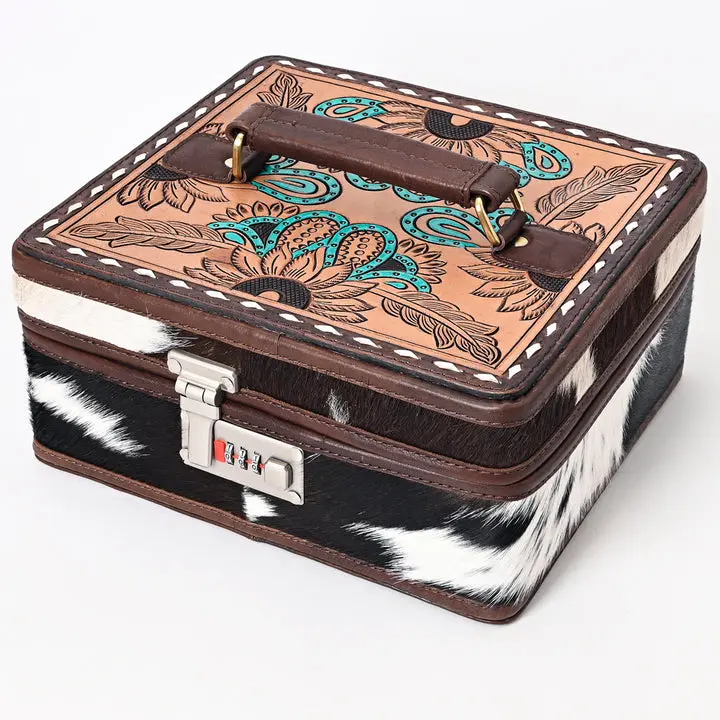 Floral Cowhide & Tooled Leather Western Hand Jewelry Organiser Box With Lock, Ideal for Jewelry Organization