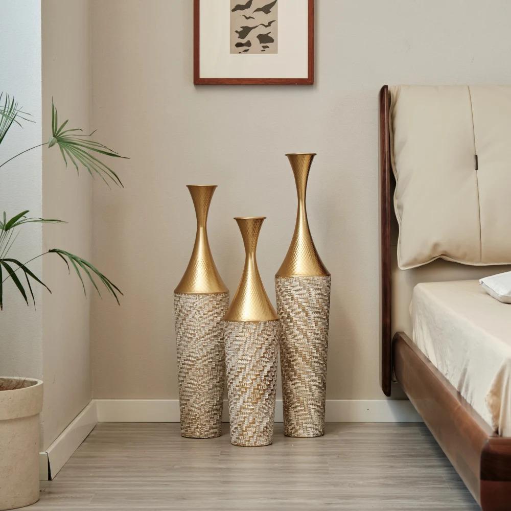 Modern Style 3-Piece Set Large Glazed Metal Floor Vase Woven Pattern Home Decoration Gorgeous Home Decor