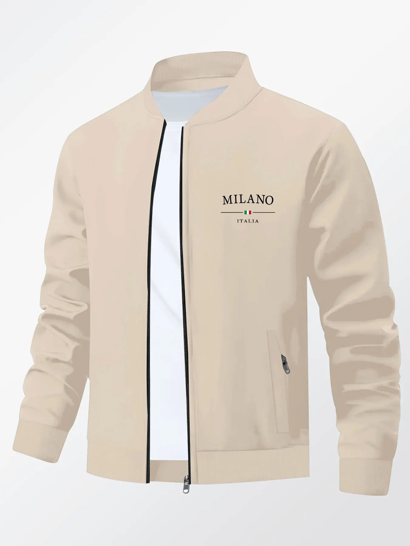 Men's Fall Winter Casual Letter Print Stand Collar Jacket, Business Style Outdoor Sports Coat, Zipper Closure Design, Casual Fitted Jackets, Casual Comfy Jacket, Casual Fashion Coat, Casual Zipper Outerwear