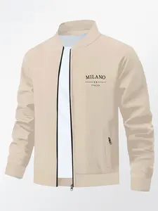 Men's Fall Winter Casual Letter Print Stand Collar Jacket, Business Style Outdoor Sports Coat, Zipper Closure Design, Casual Fitted Jackets, Casual Comfy Jacket, Casual Fashion Coat