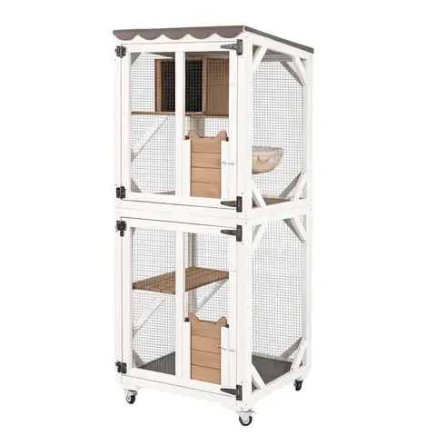 Aivituvin-AIR22-M Medium Wheeled Wooden Indoor & Outdoor Cat Enclosure (1 Set) - Waterproof, Expandable to 2 Sets, Wheel Mobility, Wire Mesh Roof, Resting Box & Hammock, Scratching Post & Jump Platform, Window Access, Slider Door Connection Cat Furniture
