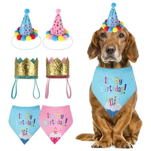 Cute Pet Birthday Hat & Bib Set | Adorable Triangle Scarf Collar for Cats & Dogs | Festive Party Costume Accessories