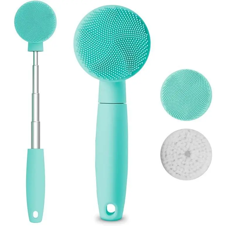Electric Silicone 2-in-1 Body Scrubber - Retractable Extended Long Handle, 2 Rotating Heads, 3 Clean Levels, Waterproof, Hanging Portable Blue Bath Back Brush for Men, Personal Care Appliance, Water Proof, Bristle