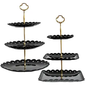 2 Pack of Plastic Round & Square Dessert Cupcake Stand, 3 Tier Cup Cake Holder Tower for Tea Party/Birthday/Wedding, Plastic Tiered Serving Tray (Black)