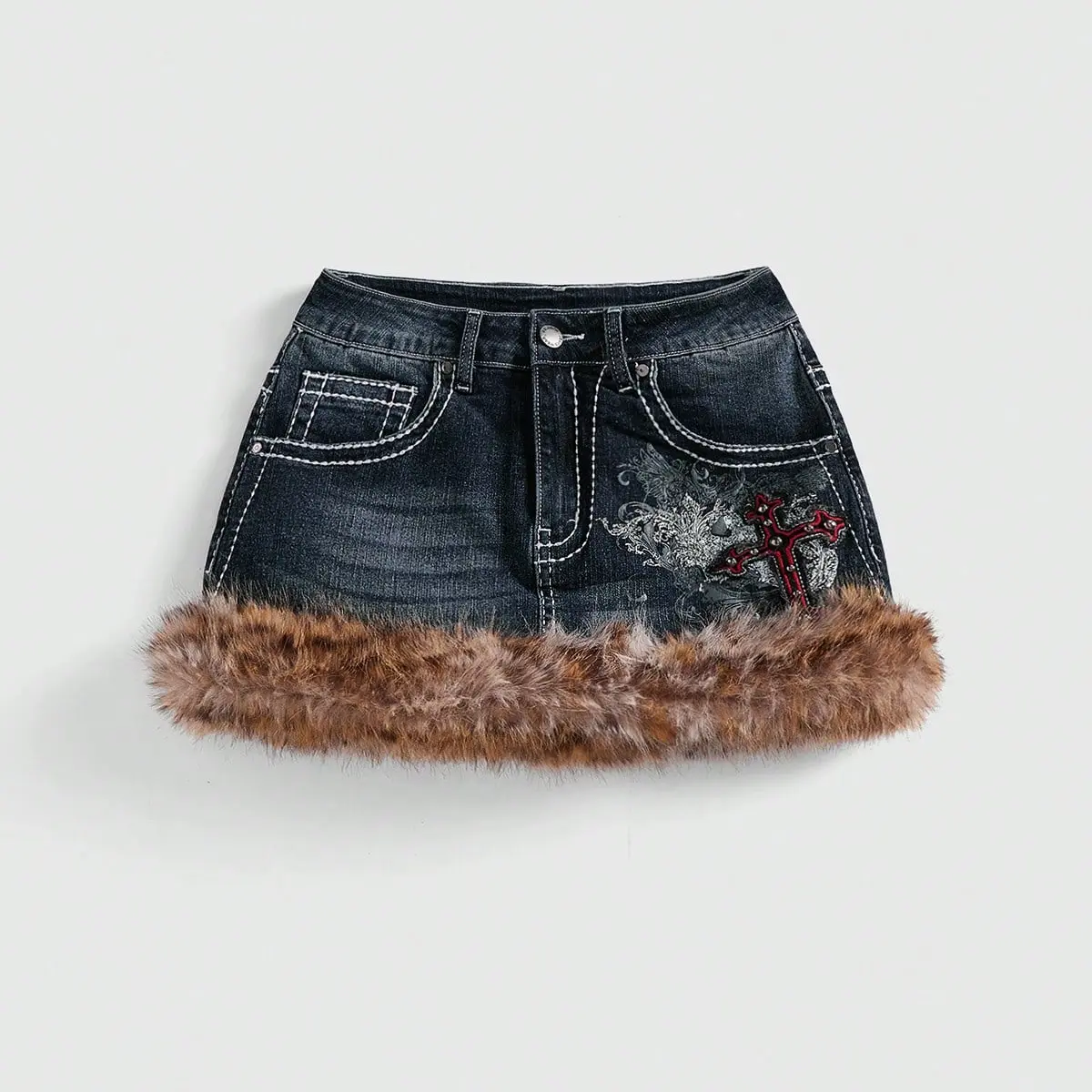 Denim Mini Skirt for Women, Hip Hugging Bodycon Fit with Embroidery, Buttons & Faux Fur Trim - Elegant Casual Style Bottoms, Elegant Casual Skirt, Fitted Bodycon Skirt