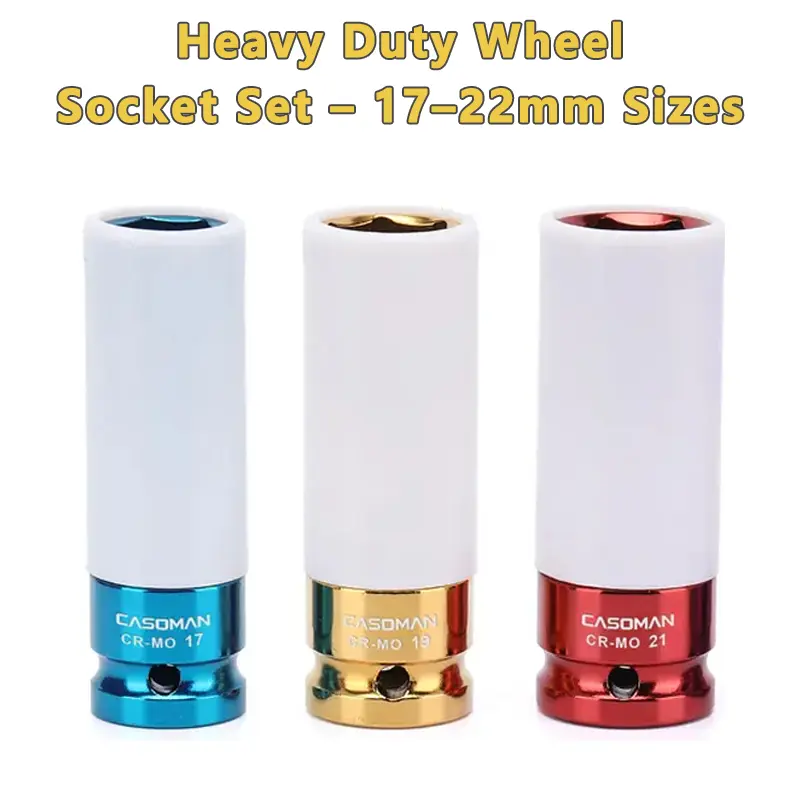 OUDISI 3-Piece 1/2-Inch Drive Thin-Walled Deep Impact Socket Set, Metric 6-Point CR-MO Steel Lug Nut Tools (17mm,19mm,21mm) with Color-Coded Laser-Etched 360° Non-Marring Non-Scratch Nylon Wheel Protector Sleeves, Heavy Duty Hand Tools, Nylon Sleeve
