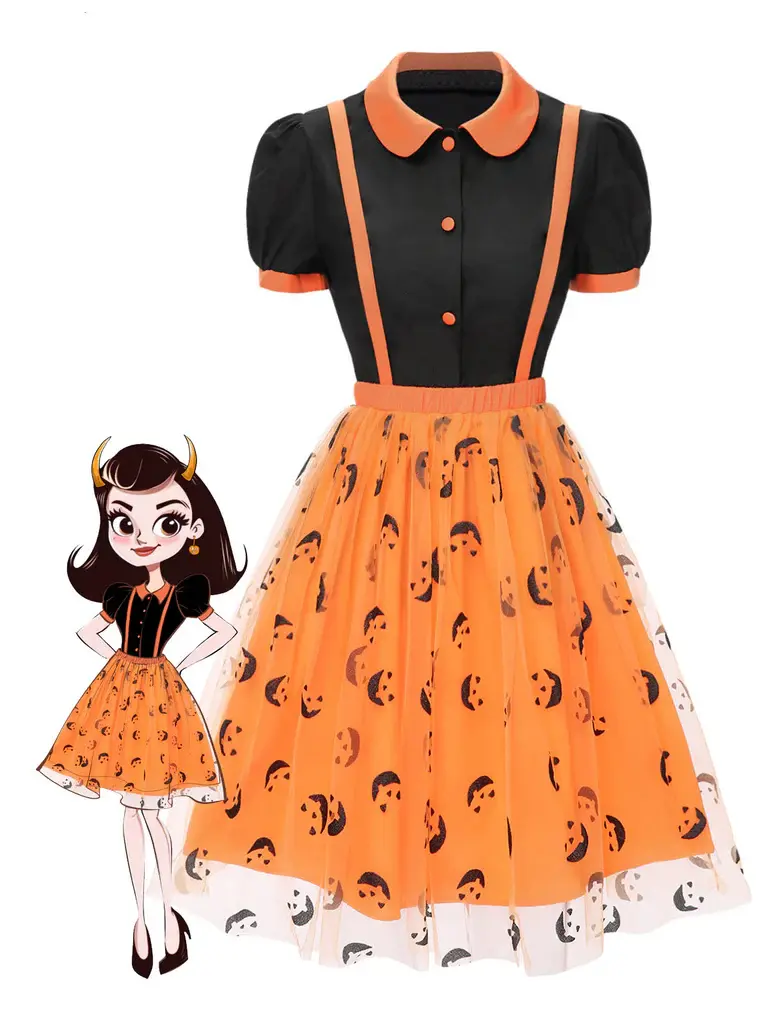 RETRO STAGE Women's 2-Piece Vintage Clothing Set, Chic 1940s Peter Pan Collared Shirt & Smiley Face Mesh Skirt for Halloween, Clothes, Elegant, Whimsical, All Seasons, Classic