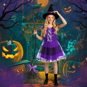 Witch costume set,witch dress with witch hat and broom, themed party outfit, holiday gift selection,Halloween costume apparel,classic witch costume,versatile clothing suitable for Halloween celebrations and costume parties,a great gift for children’s