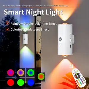 With remote-controlled LED night light, motion sensor device, wall lamp, RGB gradient ambient light, no-drilling installation, adjustable indoor lighting, step lamp. Suitable for entrances, bedside, desks, wardrobes, emergency use and other occasions.