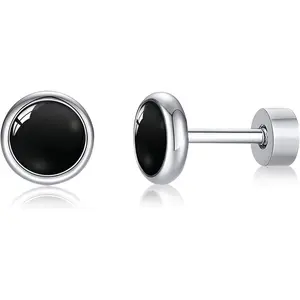 Flat Back Earrings for Women, G23 Titanium Hypoallergenic Onyx Earrings, Stone Flat Back Studs Earring for Multiple Piercings Flatback Earring Sensitive Ears
