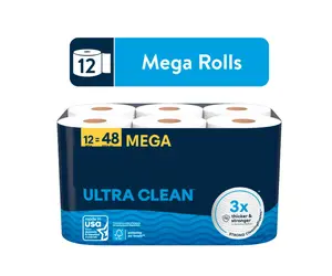 Ultra Clean Toilet Paper - Strong Toilet Tissue, 12 Mega Rolls, Ideal for Kitchen Use - Wipes