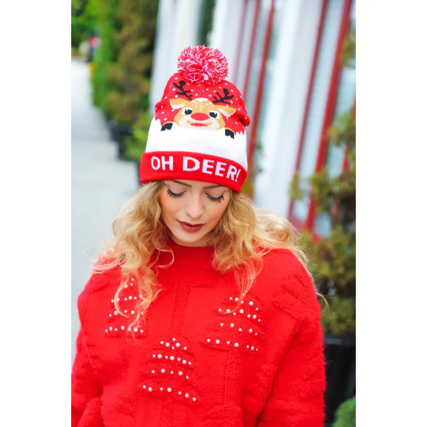 "Oh Deer" Rudolph Reindeer Pom-Pom Beanie