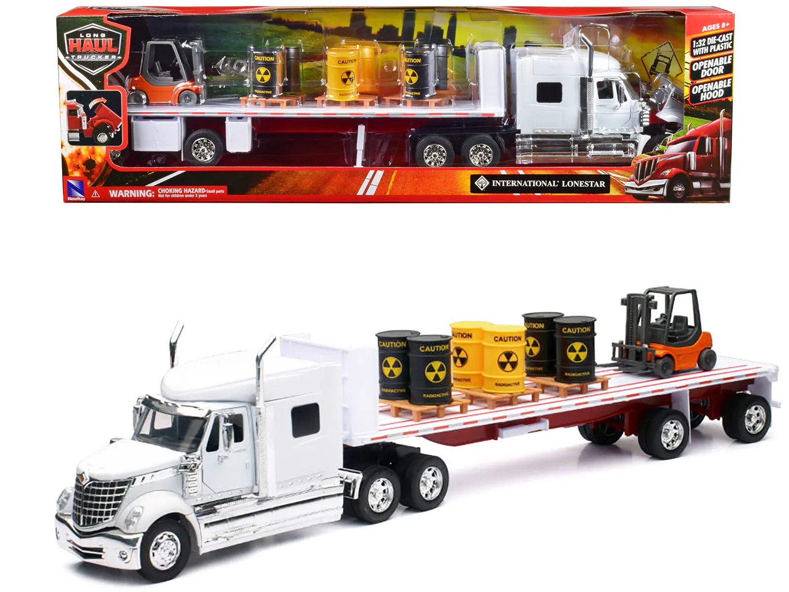 International Lonestar Flatbed Truck White with 6 Toxic Barrels, 3 Pallets and Forklift 1/32 Diecast Model by New Ray