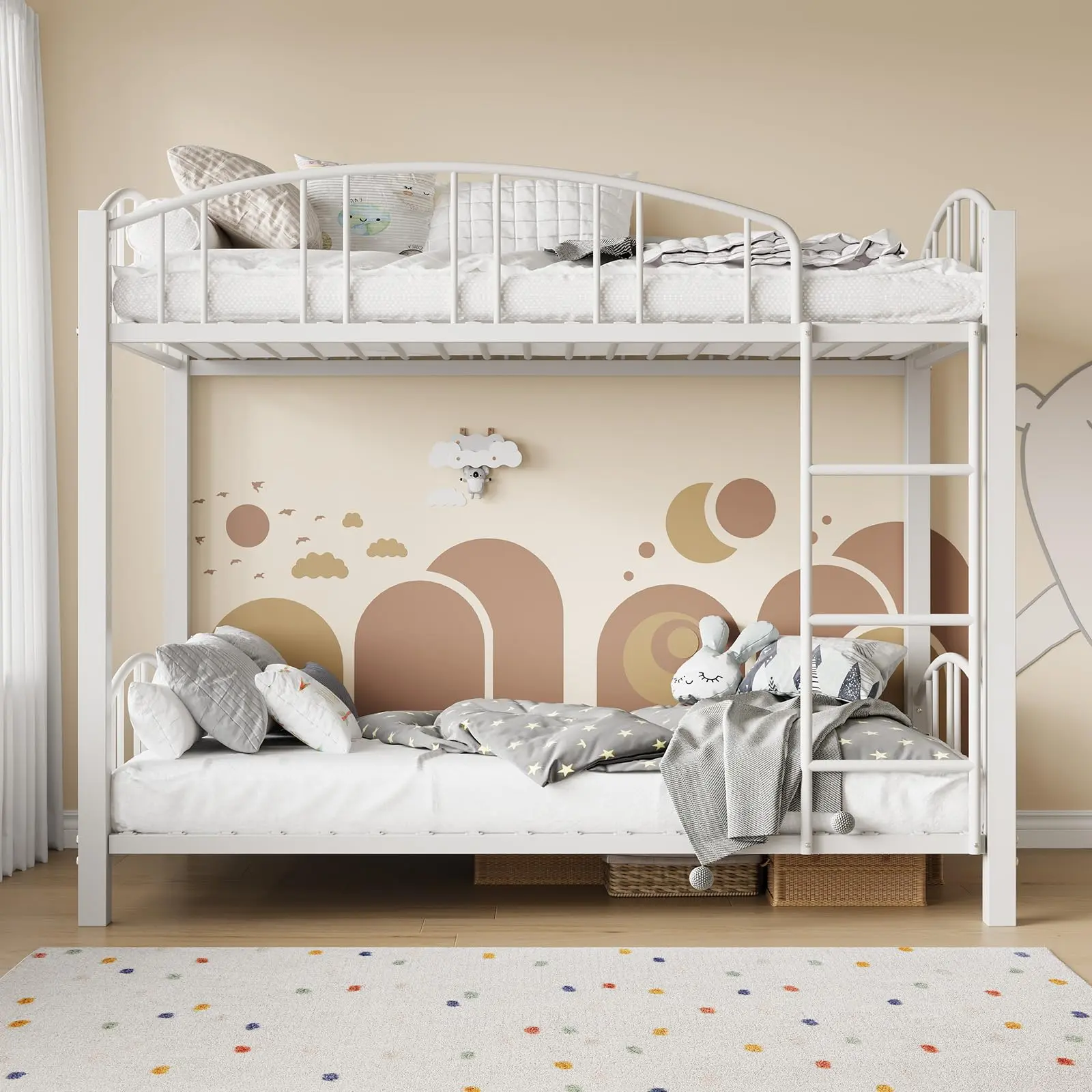 【GARVEE】White Twin Over Twin Bunk Bed with Stairs and Arched Guardrail, Sturdy Metal Slats Support, Space Saving Design, Noise Free, No Box Spring Needed, Ideal for Dorm and Kid Rooms
