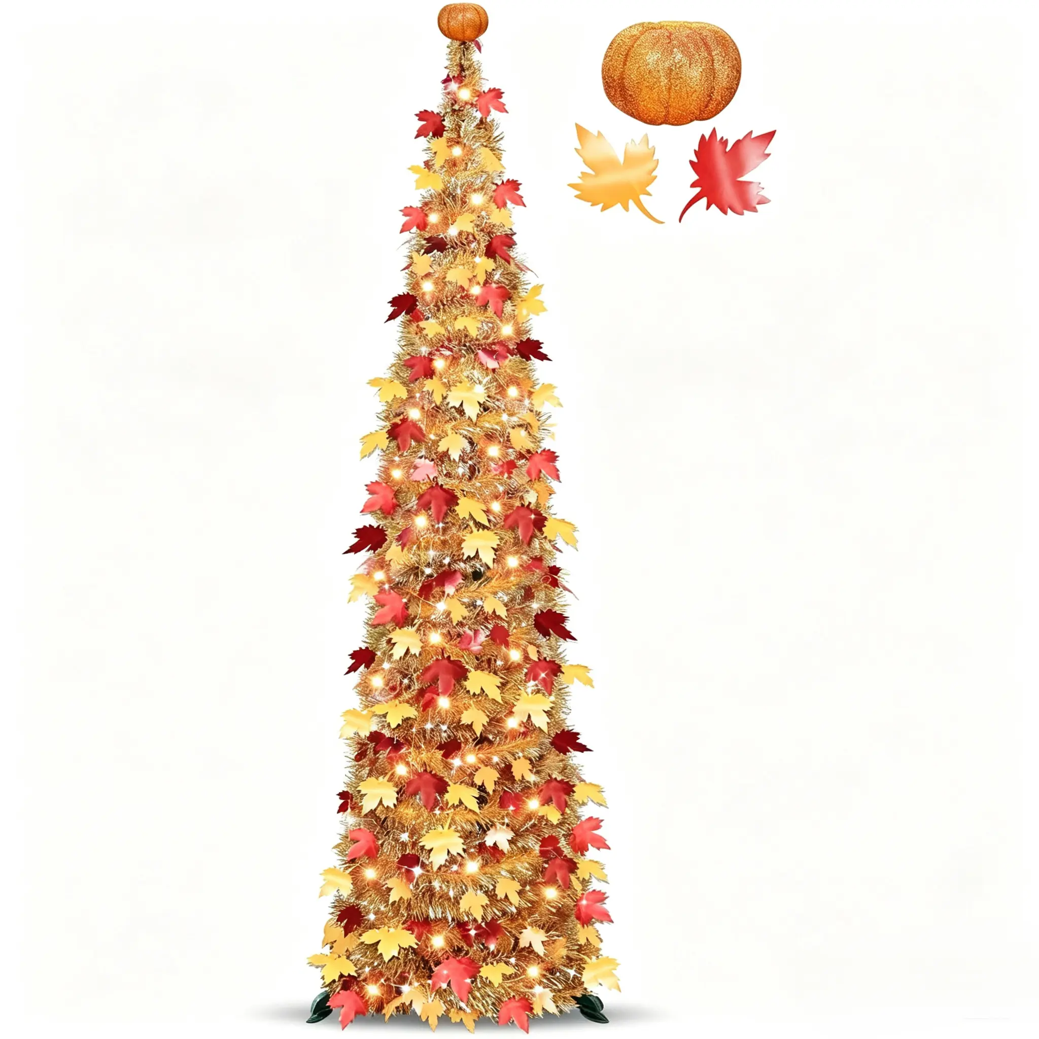 6FT Pumpkin & Fall Decor - Lighted Fall Tree Fall Decorations for Home, Fall Pop Up Tinsel Maples Tree 60 LED Orange Warm Lights Battery Operated Collapsible Thanksgiving Tree Decor Porch Home Party
