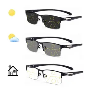 Color-changing photochromism progressive multi-focus reading glasses, with blue light blocking and protection function, half frame without border black gold frame, suitable for reading, travel, work and daily use readers