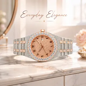 Full Iced quality wrist watch automatic waterproof bling bling diamond style watch round face design with Arabic numerals.