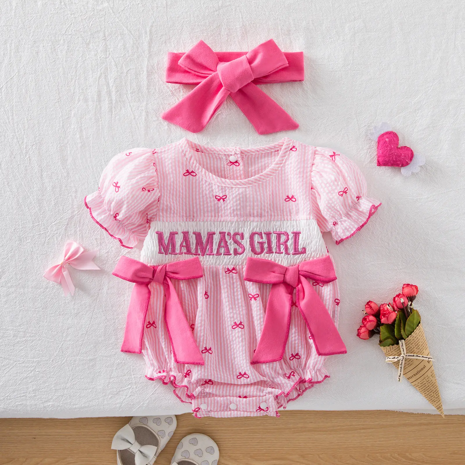 Baby Girl Summer Clothes Newborn Bubble Romper Embroidery Short Sleeve Onesie Mothers Day/Fathers Day Outfit