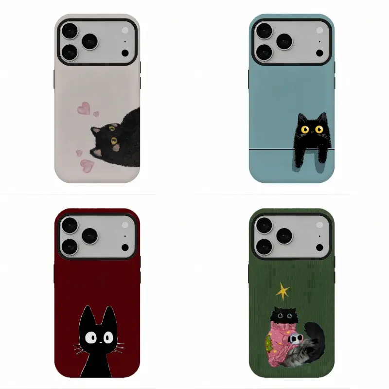 Cute Black Cat Aesthetic Hybrid Polycarbonate Mobile Phone Case - 360-Degree Crash-Proof, Anti-Skid Protective Cover, Compatible with iPhone 17-11 & Samsung S26-S21, Ideal Gift for Cat Lovers, Protective Shell Cover