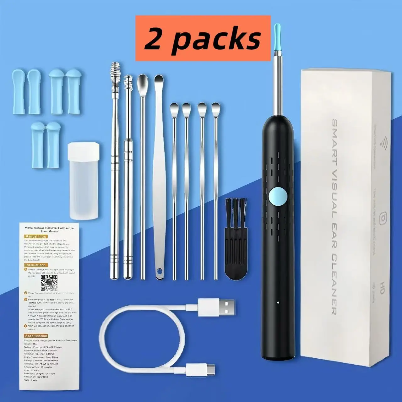 1080P HD EarWax Removal Tool with Camera 6 Ear Spoons Set Rechargeable USB Battery Dual Power Safe Ear Care Gentle Round Handle Version Wireless WiFi Kit waterproof endoscope wide angle ear cleaner Ear Wax Remover silicone tip scope android phone pick