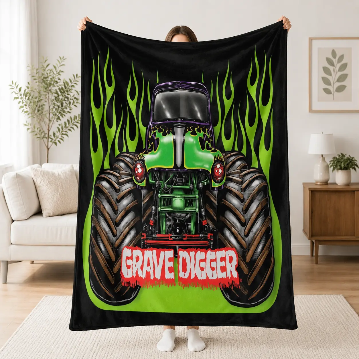 Off Road Truck Graphic Throw Blanket, Cool Racing Style Fleece Blanket, Soft Cozy Blanket for Bedroom, Gaming Room, Couch Decor, Car Lovers Gift, Unique Home Decor