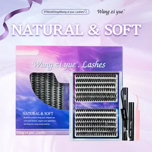 Wangziyue 40D Fluffy Cluster Synthetic Fiber Eyelash Extensions 8-18mm Beginner DIY Cosmetic Kit with Bond, Seal & Remover - Lightweight, Long-Lasting, Comfortable for At-Home, Date Party Makeup Looks, Eyelashes Extensions