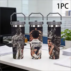 1pc 30oz large capacity portable thermos cup printed with multi-sided collage of Cristiano Ronaldo and metal texture pattern of trophy, black and white complex bronze cross design tough football theme, daily office outdoor portable water cup Tumbler