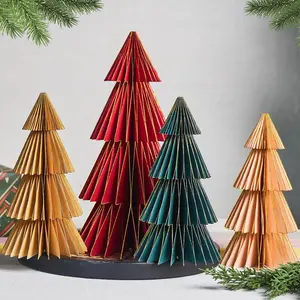 Set of 4 Paper Christmas Tree Honeycomb Decorations – 3D Christmas Tree Table Centerpieces, Paper Trees for Home, Xmas Holiday, and Party Decorations