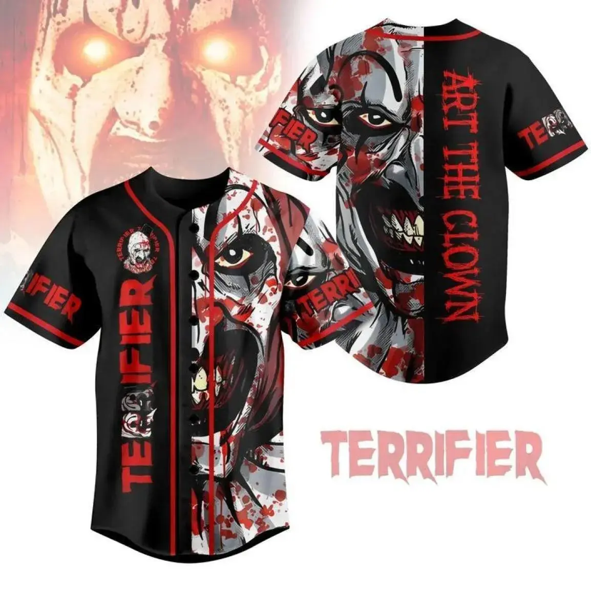 Terrifier Horror Baseball Jersey – Art the Clown Inspired Graphic Button Up Shirt, Lightweight Unisex Streetwear, Fan Gift