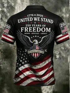 Men's Vintage American Flag Eagle Print Short Sleeve Polo Shirt, Patriotic 250th Anniversary Collar Top, Breathable Loose Fit, Casual Summer Wear