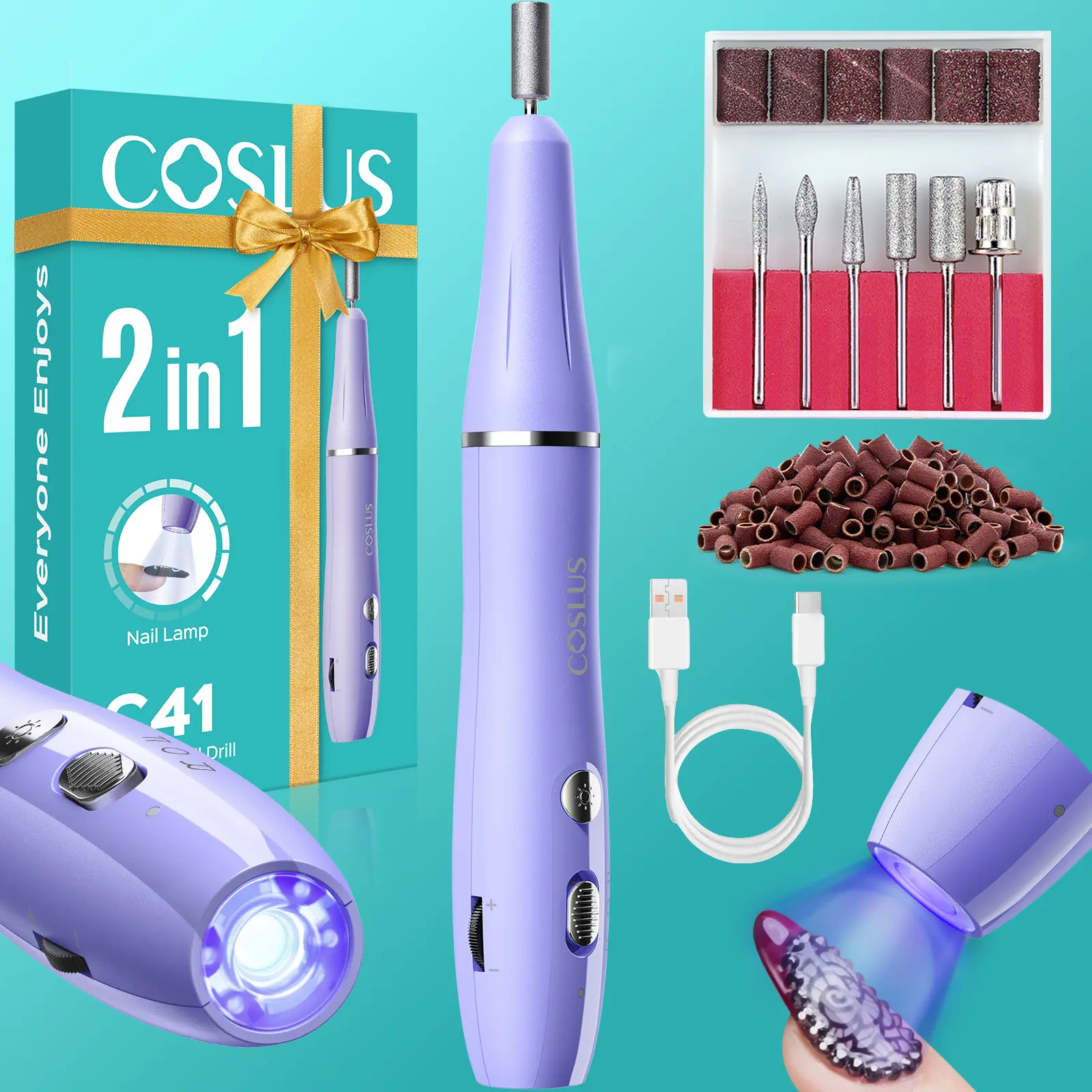 COSLUS C41 Cordless Nail Drill: 2-in-1 Portable Nail Drill Set with uv led nail lamp, Professional for Crystal Gel Dip Powder Nail Art,Manicure,Cutics,foot callusremover with Nail Drill Bits and Sanding Tool Belt,Nail Care,skin smooth backtoschool