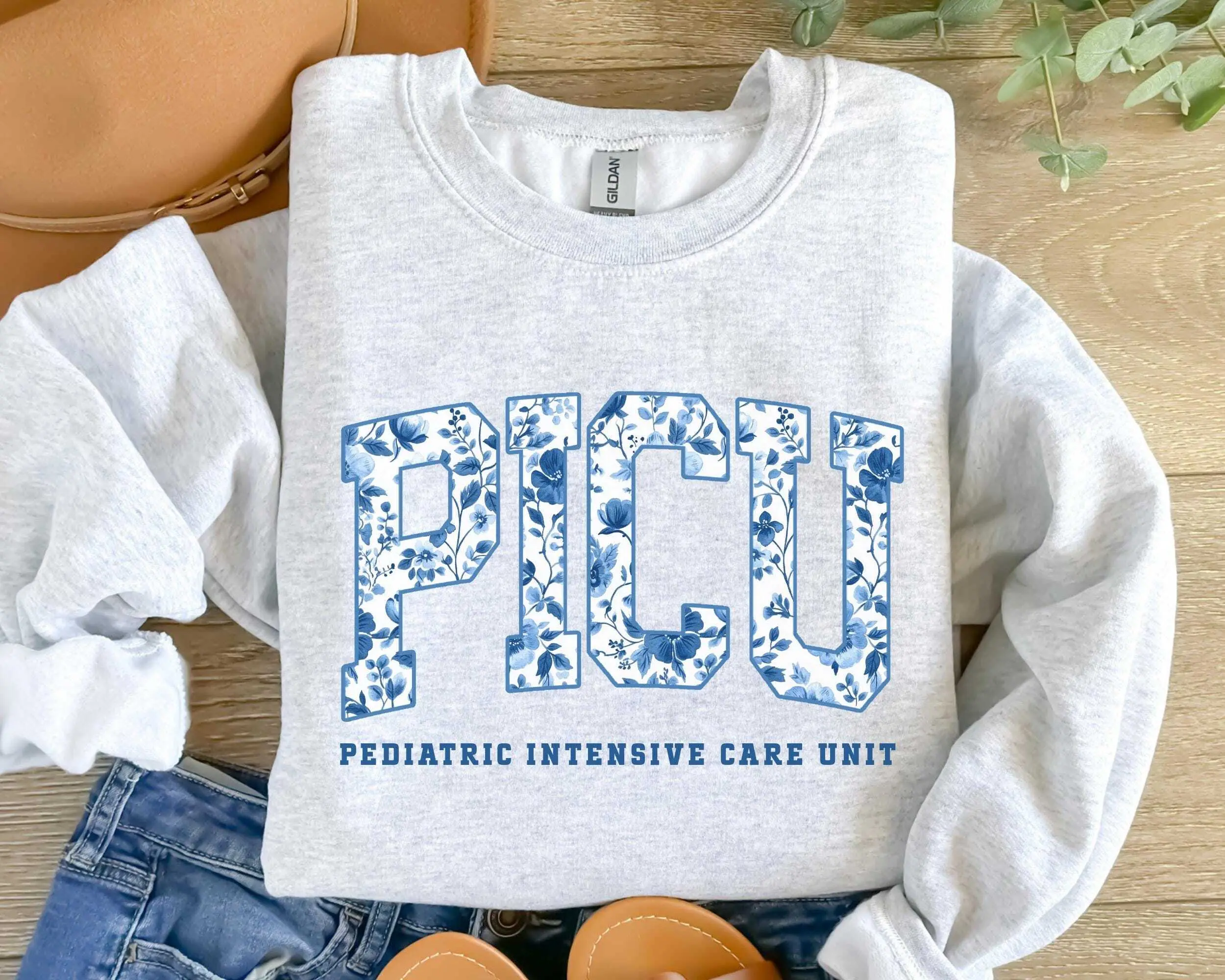 PICU Nurse Sweatshirt / Short Sleeve T-SHIRT, Pediatric Intensive Care Unit Sweater, Blue Toile Pediatric ICU Nurse Crewneck, PICU Grad Gifts, Peds Nursing Team