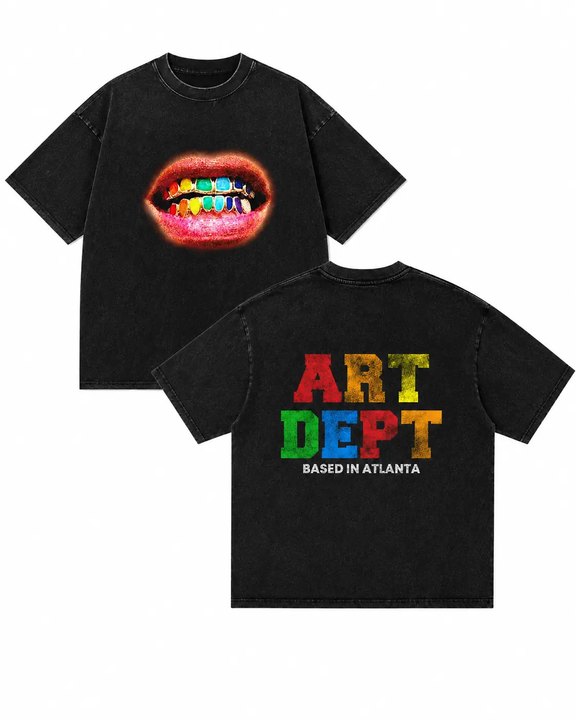 Art Dept Based In Atlanta Rainbow Grillz Lips Graphic T-Shirt - Black Acid Wash Heavyweight Tee - Streetwear Hip Hop Typography Apparel - Unisex Casual Oversized Top - Trendy Urban Fashion Gift Men Women 2955