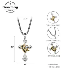 Dearmay CrossCrown Necklace for Men,  Stainless Steel Plain CrossCrown Pendant Necklace for Men Gift for Easte Box Chain 23-24 Inch Fashion Jewelry for Gift Greenish Spring