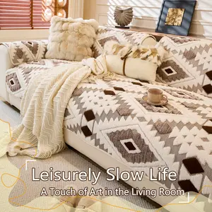 Bohemian Style Thick Plush Sofa Cushion Cover, Pet Friendly Non-Slip Protective Case for Living Room & Office Use, Soft Sofa Protector