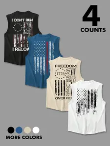 4-Pack Men's Patriotic Sleeveless Tank Tops, Distressed US Flag Graphic Print Casual Muscle Shirts, Breathable Summer Outdoor Fitness Workout Tees for Men