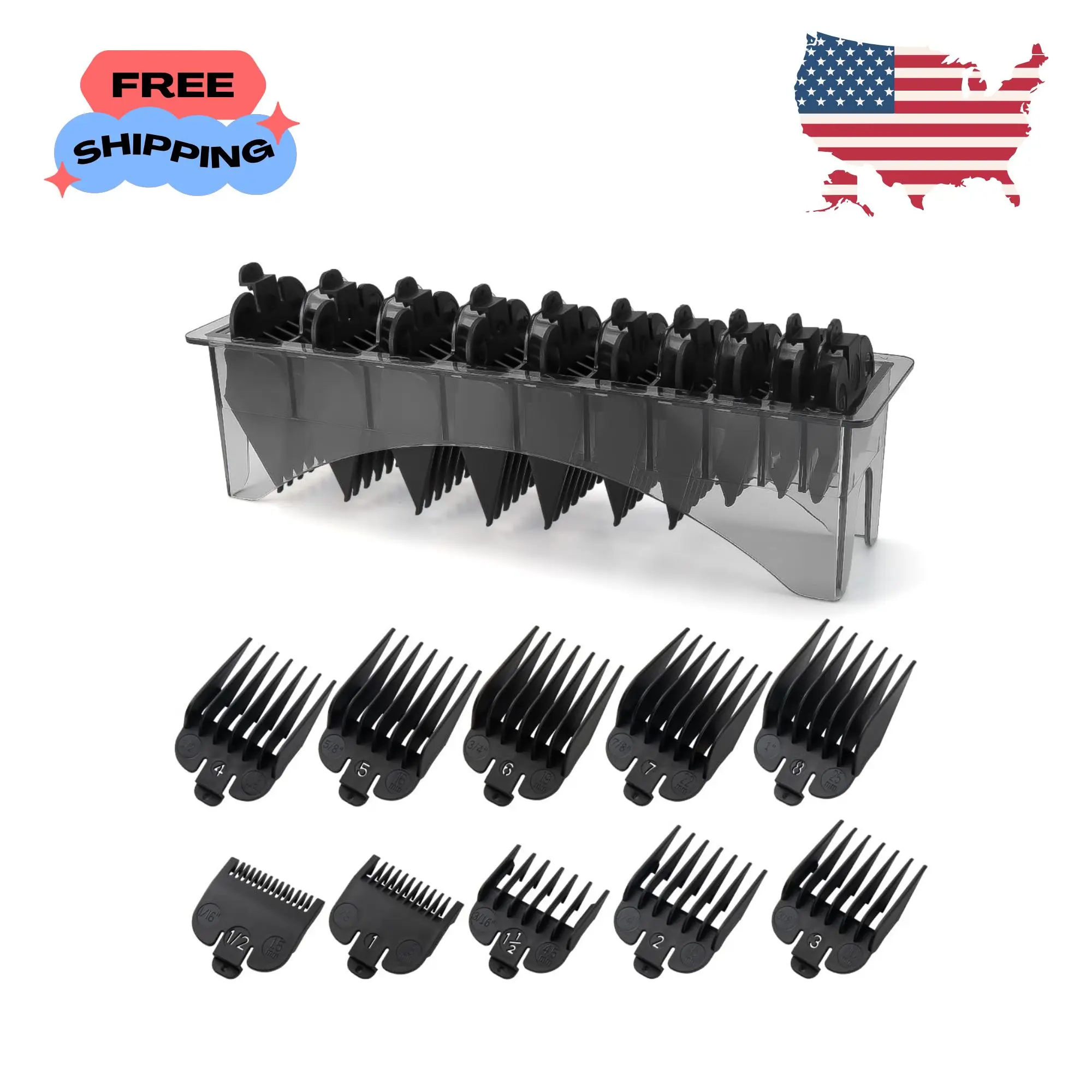 Clipper Guards Set Compatible with Most Wahl Clippers with Holder Black Color