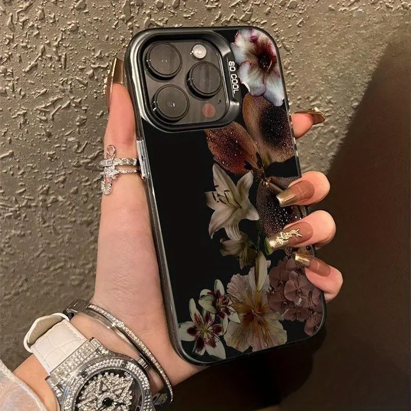 Dark Floral Patterns Suitable for TPU Cases for Iphone 16 Pro Max, Compatible with Iphone 15 Pro Max/14/16 Plus/15/13 Pro/12/11/X/Xr/Xs Max, Stylish And Business-Friendly Shockproof Silver PC Protective