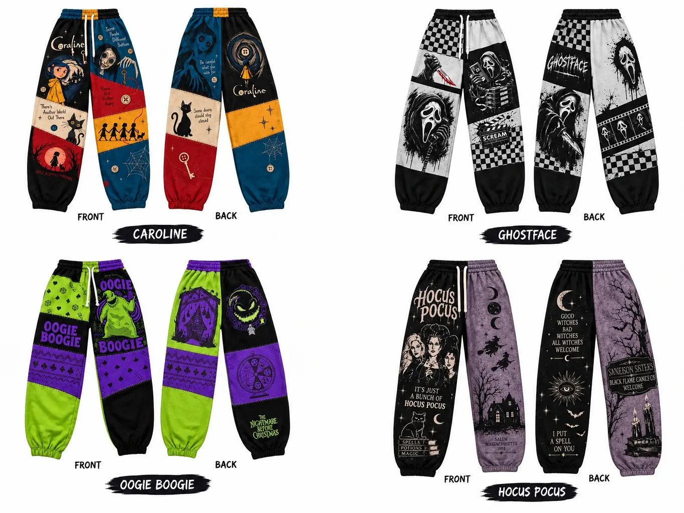Halloween Graphic Jogger Pants, Spooky Patchwork Sweatpants, Horror Character Print Casual Lounge Pants, Unisex Halloween Pajama Pants