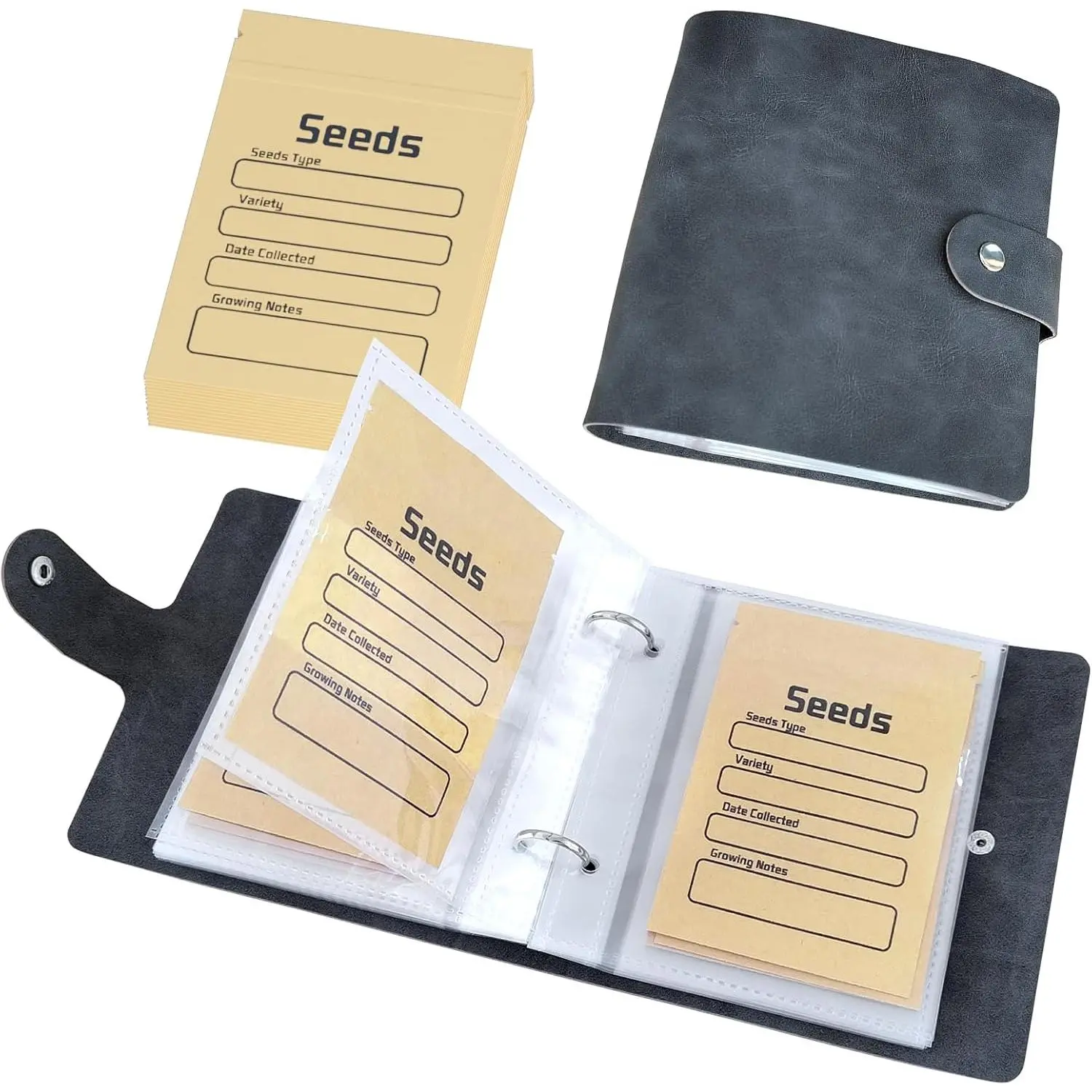 Seed Organizer Binder with 50 count Resealable Seed Envelopes - 50 Storage Pockets, 3.5x5 Inch Clear Sleeves, Seed Saver for Garden Lover - Gray