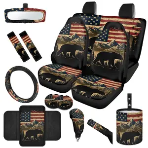 14pcs Car Seat Covers Set, Cute American Flag Beer Pattern Auto Decor with Steering Wheel Cover, Armrest Cover, Coaster, Safety Belt Pad, Gear Knob and Handbrake Cover for Men and Women, Universal Auto Patriotic Decor