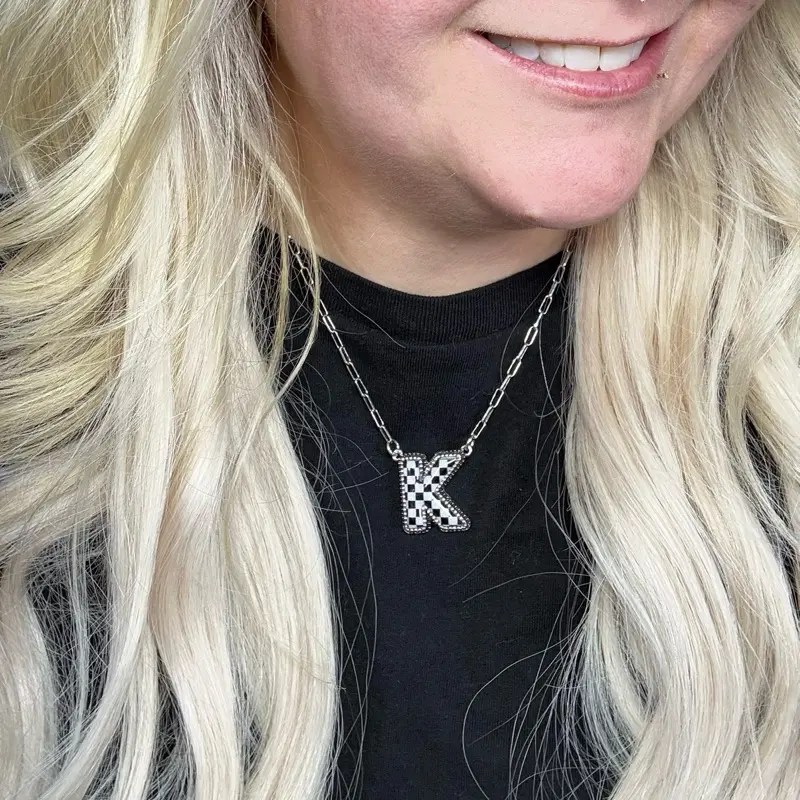 Elegant Initial Necklace with Checkered Design, Silver Tone Chain, Perfect for Everyday Wear