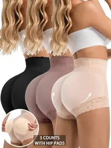 Women's 3 Counts Plain Contrast Lace High Waist Shapewear Shorts with Hip Padding, Casual Tummy Control Butt Lift Shapewear Panties, Ladies Shapewear Bottoms, Underwear