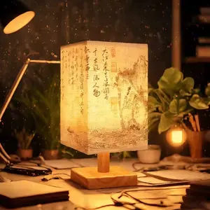 Japanese Themed LED Table Lamp with Traditional Calligraphy Shade & Wooden Base Simple Dimmable USB Plug for Nightstand Desk Side Table Home Decor Light