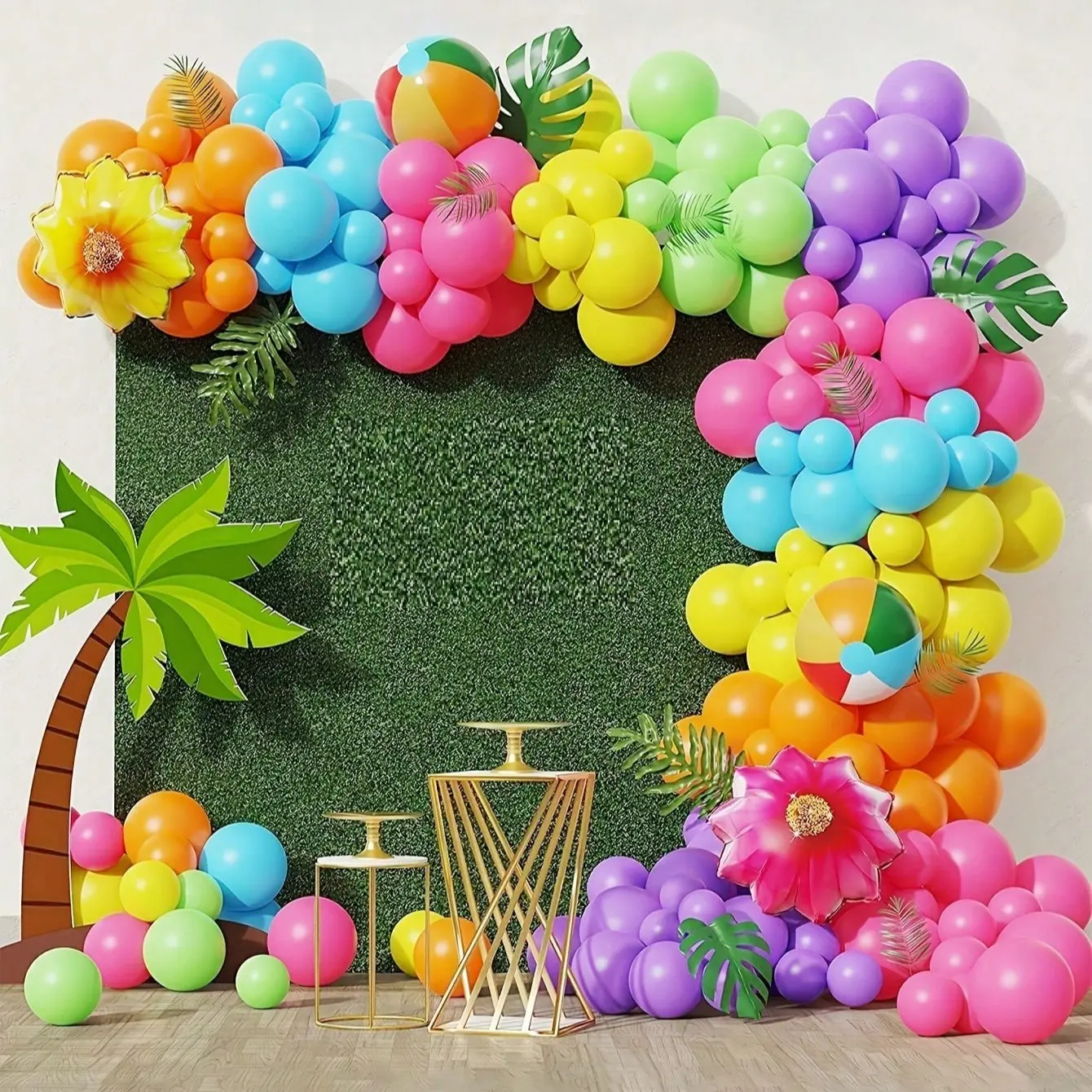 146pcs Tropical Hawaiian Balloon Arch Set, Rainbow Balloons with Flowers, Floral, Aluminum Foil Beach Balls, Summer Party Decorations, Balloon Arches Decorations, Balloon Arch Kits