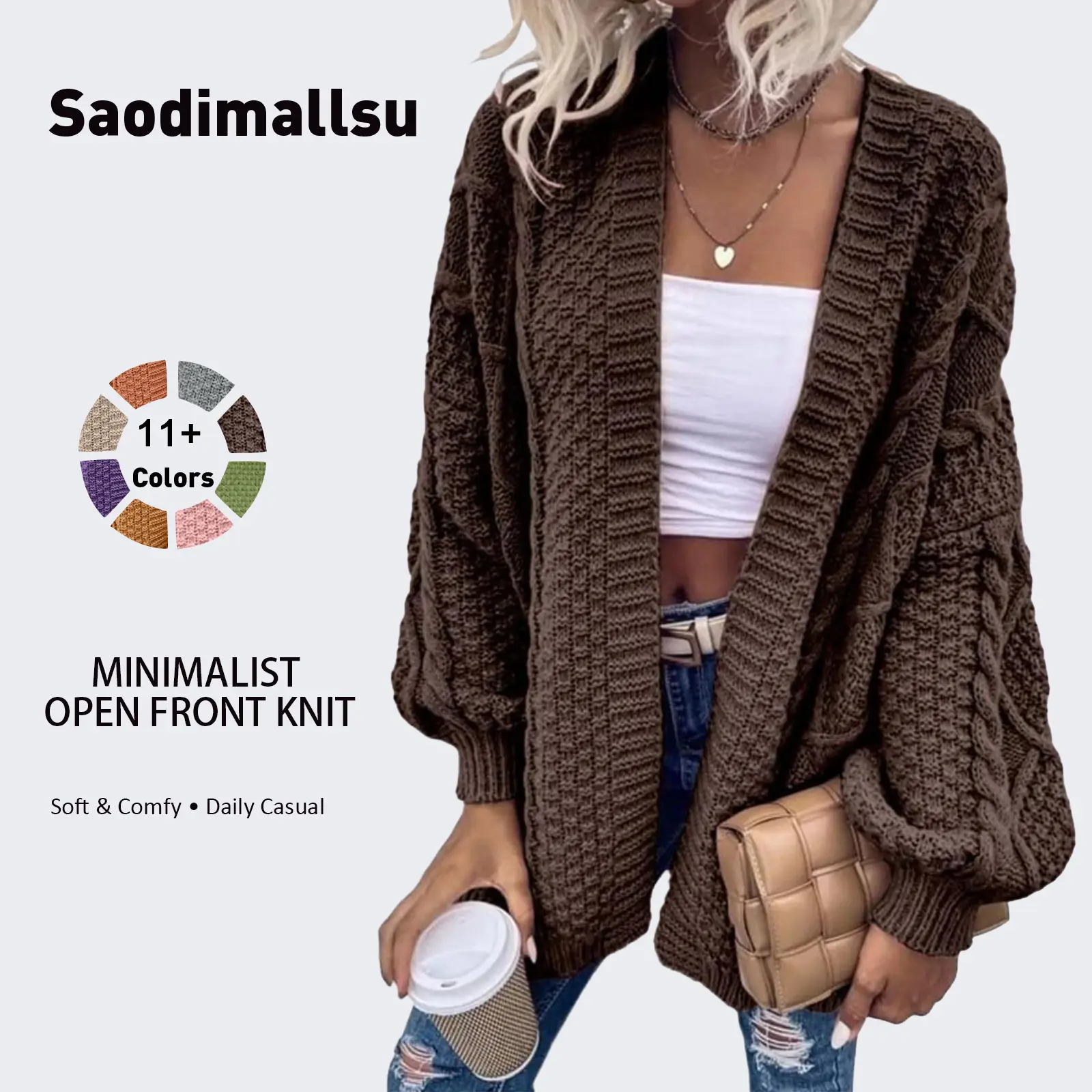 Saodimallsu Women's Cardigan, Chunky Cable-Knit Open Front Coat, Oversized Longline Knitwear with Lantern Sleeves for Work, Thanksgiving, Minimalist, Valentines Day, Elegant, Polyamide, Chunky Weave, Oversize Cardie, All Seasons, Baggy, Large, Christmas,,