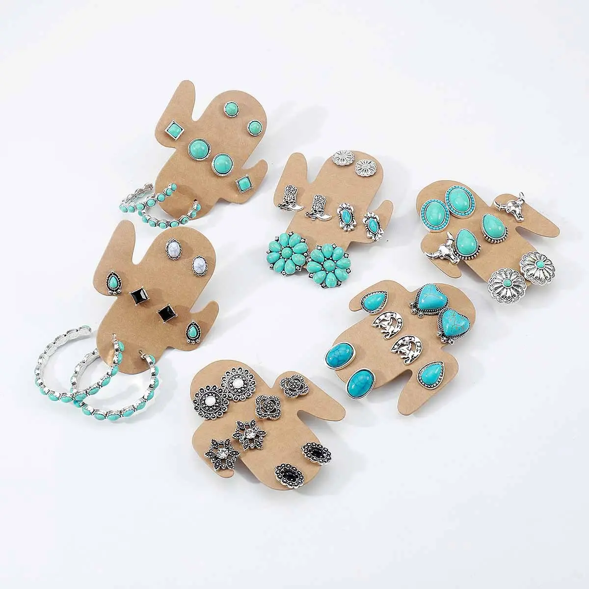Women's 4-Pair Western Boho Stud Earrings Set - Vintage Antique Silver Faux Turquoise Pretty Studs with Floral, Heart, Geometric, Animal Ear Accents - Lightweight Zinc Alloy Fashionable Decorative Jewelry Stack for Party, Vacation Gift, Earrings For Decor