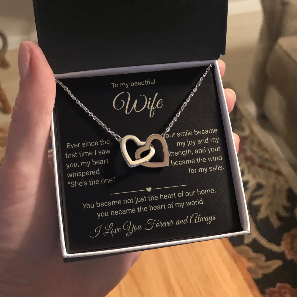 To My Wife Interlocking Hearts Necklace - Luxury Gold Pendant with Romantic Message Card, Anniversary Birthday Wedding Jewelry Gift for Her