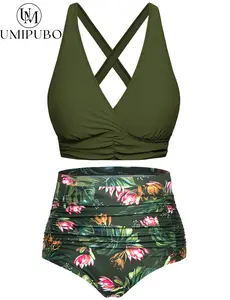UMIPUBO Women's Cross-Buckle One-Piece Swimsuit with Tropical Print Tummy Control Swimwear Triangl Swimwear Style