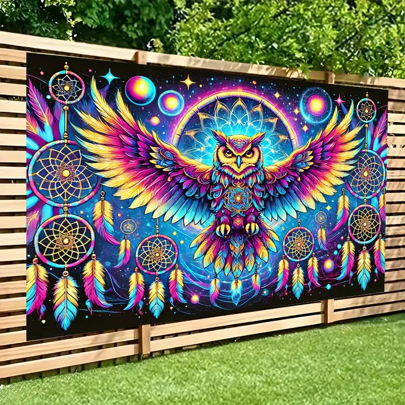 8x6ft Neon Glow-in-the-Dark Owl & Dreamcatcher Tapestry - Home Decor with Vibrant Multicolor Feathers, Glowing Eyes, Synthetic 70g Durable Fabric, Size Highlighted for Indoors, Living Room, No-Electricity Holiday Gift, Decorative